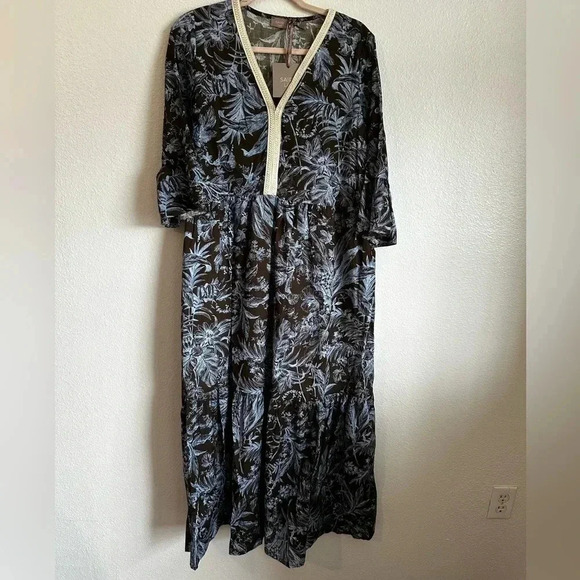 SAIPH Santorini Floral Maxi Dress Size L Blue White Cotton Italy Relaxed Coastal - Picture 1 of 9